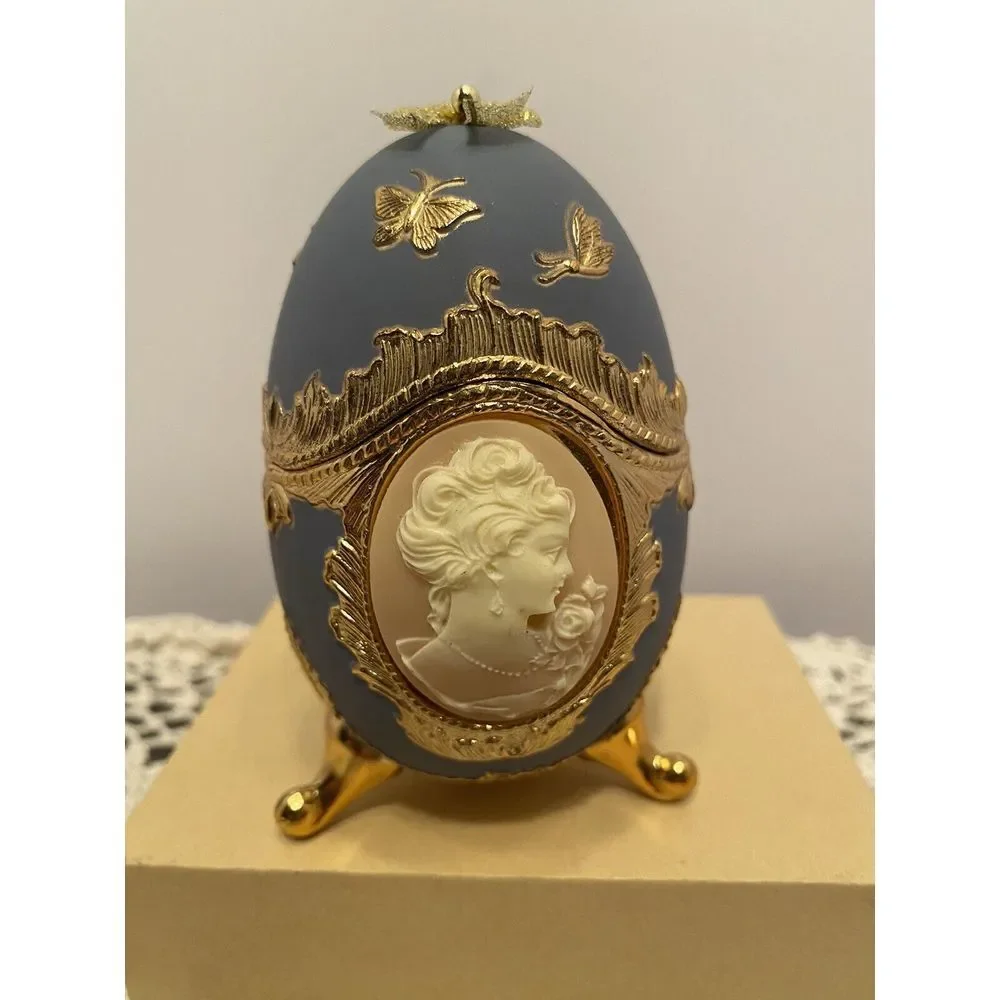 Vintage Carved Cameo Faberge Hinged Trinket Box Music Box Ring Holder Blue/Peach